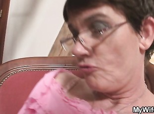 Cock-hungry motherinlaw sucks and rides big cock